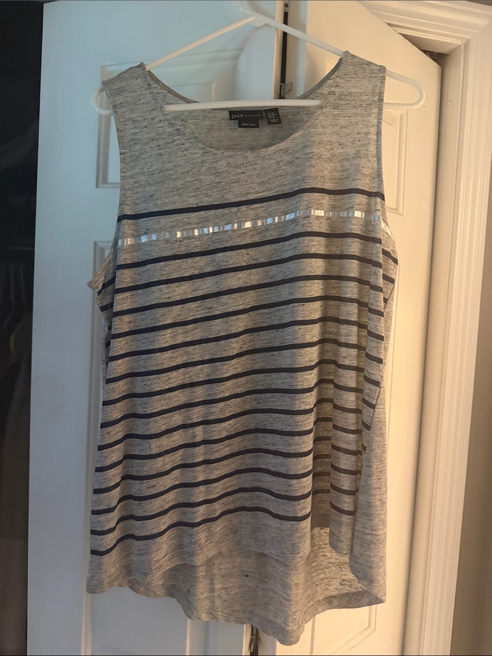 JNY Gray Sleeveless Stripe Tank with Navy Accents